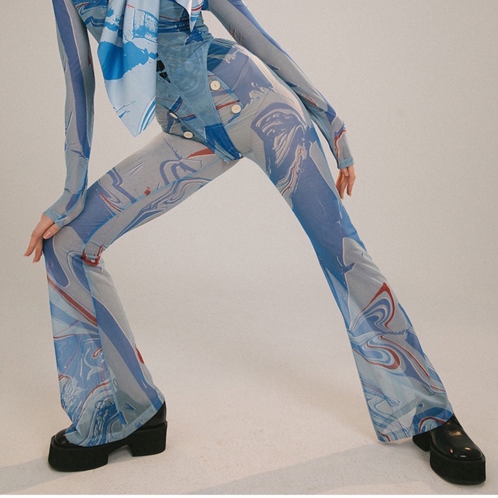 superr 2021/ss vol.5 water ripple print stretch mesh flared pants